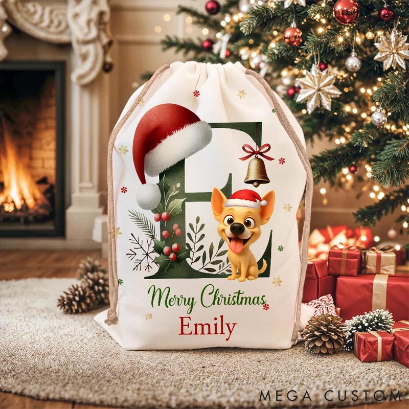 Personalized Dog Lover Bell Santa Hat Initial Drawstring Canvas Gift Bag with Name Christmas Party Gift Christmas Sack