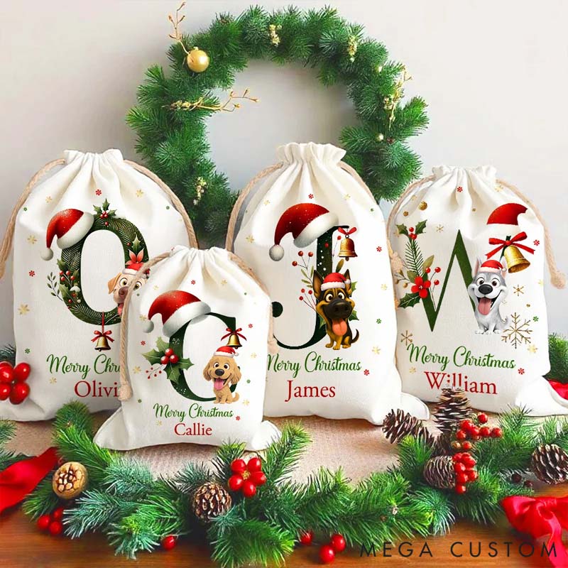 Personalized Dog Lover Bell Santa Hat Initial Drawstring Canvas Gift Bag with Name Christmas Party Gift Christmas Sack