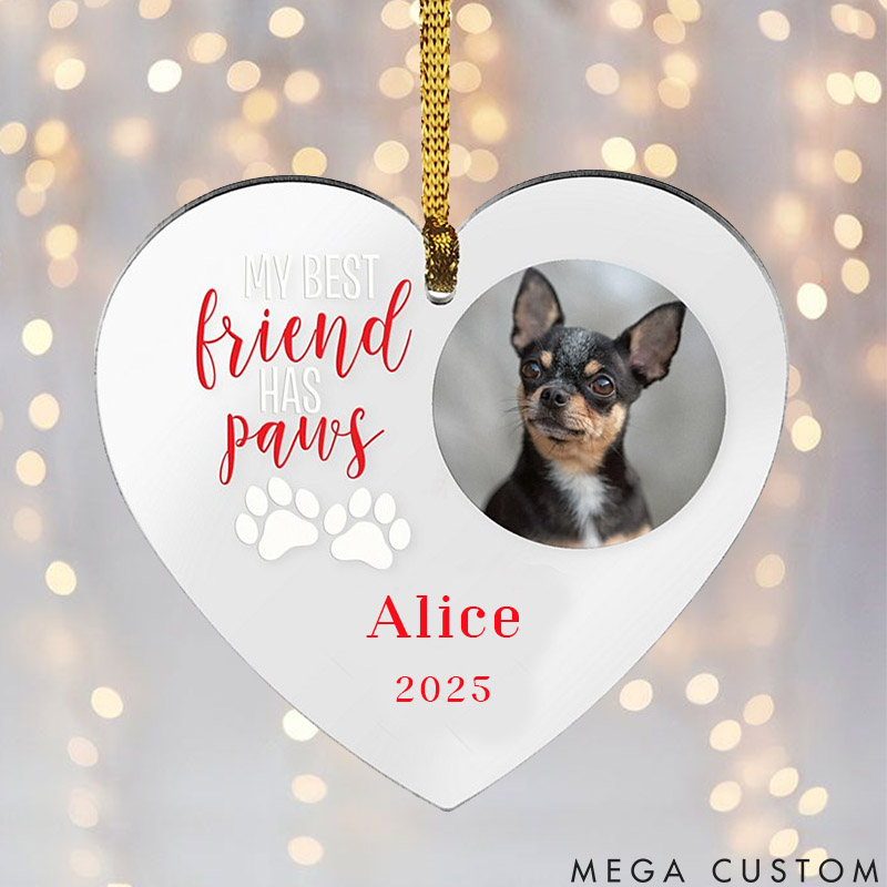 Personalized Dog Lover Best Friend has Paws Photo Heart Ornament
