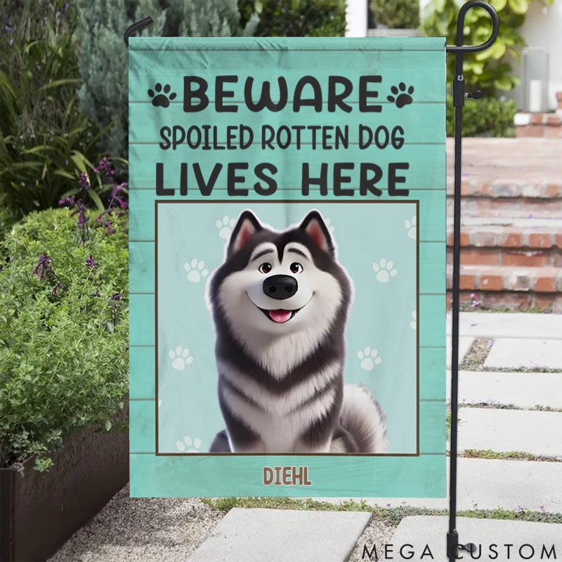 Personalized Dog Lover Beware Spoiled Rotten Dog Lives Here Garden Flag