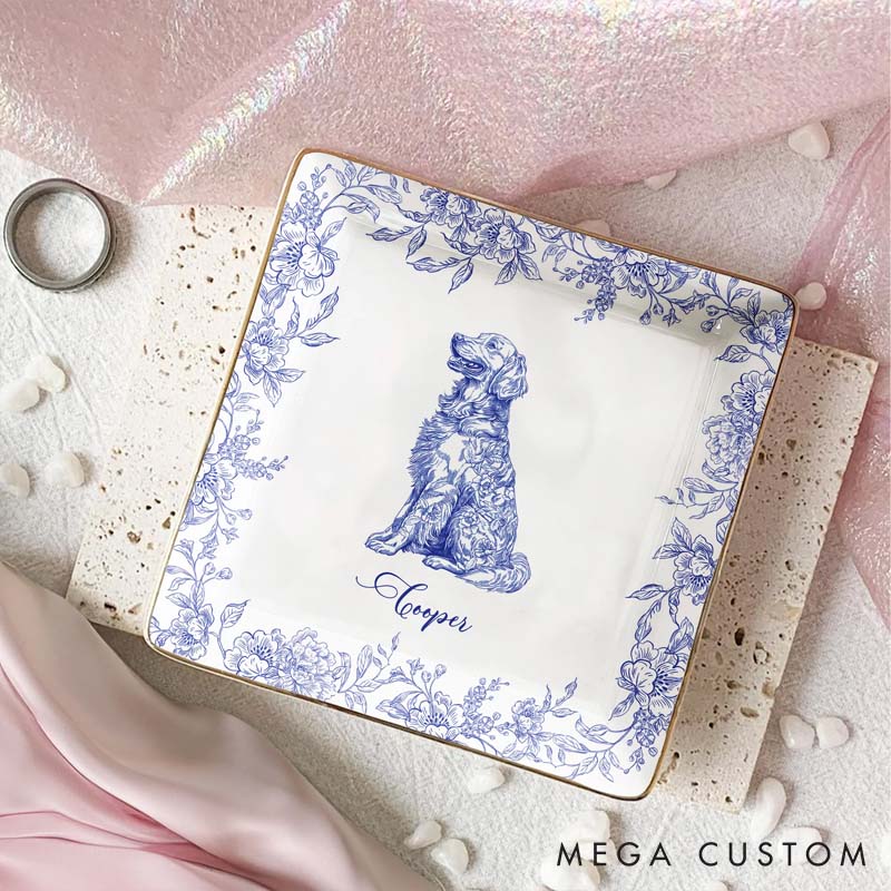 Personalized Dog Lover Chinoiserie Toile De Jouy Style Ring Dishes