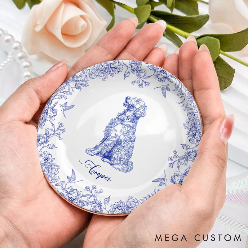 Personalized Dog Lover Chinoiserie Toile De Jouy Style Round Ring Dishes