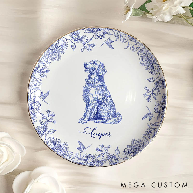 Personalized Dog Lover Chinoiserie Toile De Jouy Style Round Ring Dishes