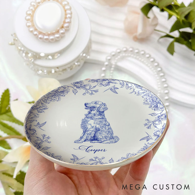 Personalized Dog Lover Chinoiserie Toile De Jouy Style Round Ring Dishes
