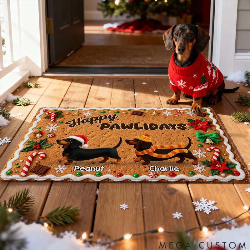 Personalized Dog Lover Christmas Happy Pawliday Dachshunds Walking Gingerbread Cookie Theme Doormat