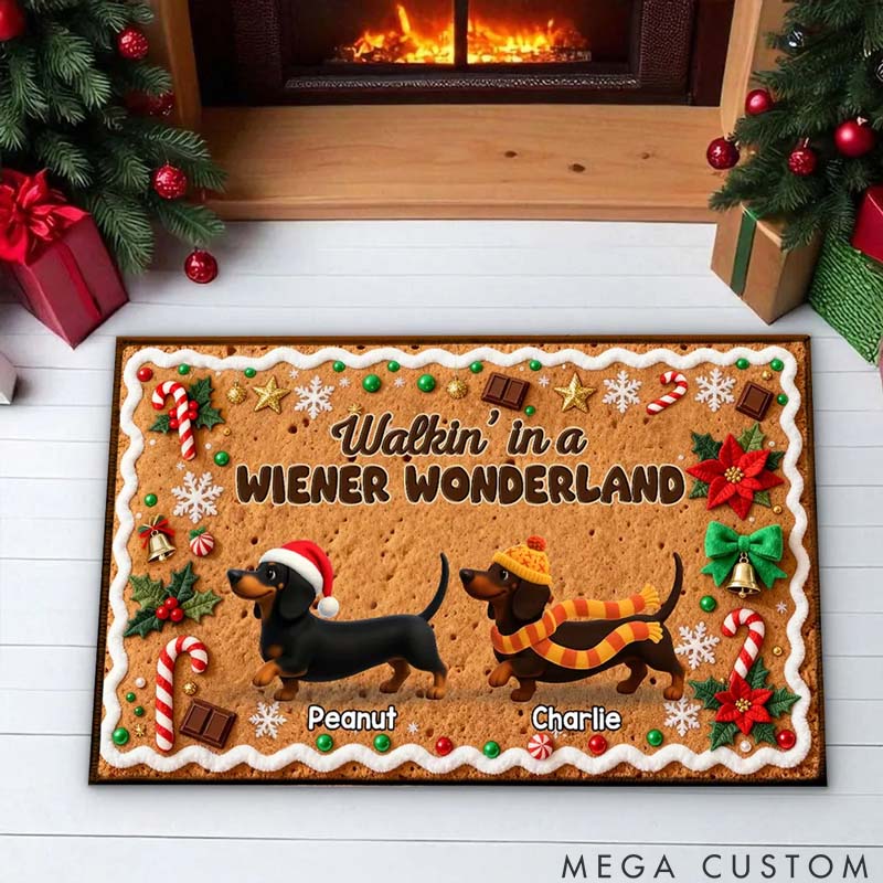 Personalized Dog Lover Christmas Happy Pawliday Dachshunds Walking Gingerbread Cookie Theme Doormat