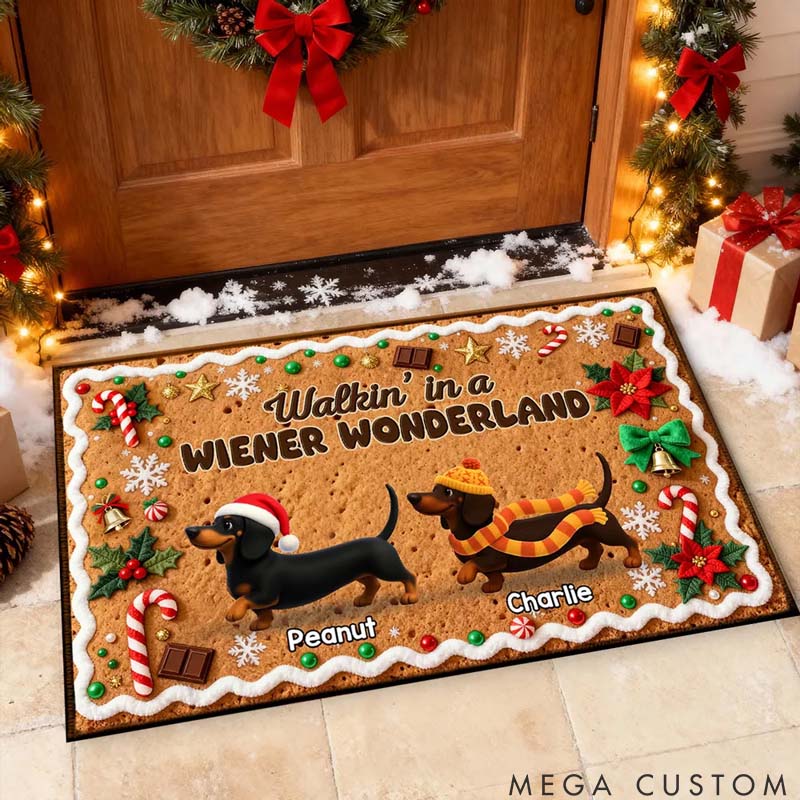 Personalized Dog Lover Christmas Happy Pawliday Dachshunds Walking Gingerbread Cookie Theme Doormat