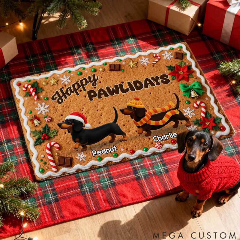 Personalized Dog Lover Christmas Happy Pawliday Dachshunds Walking Gingerbread Cookie Theme Doormat