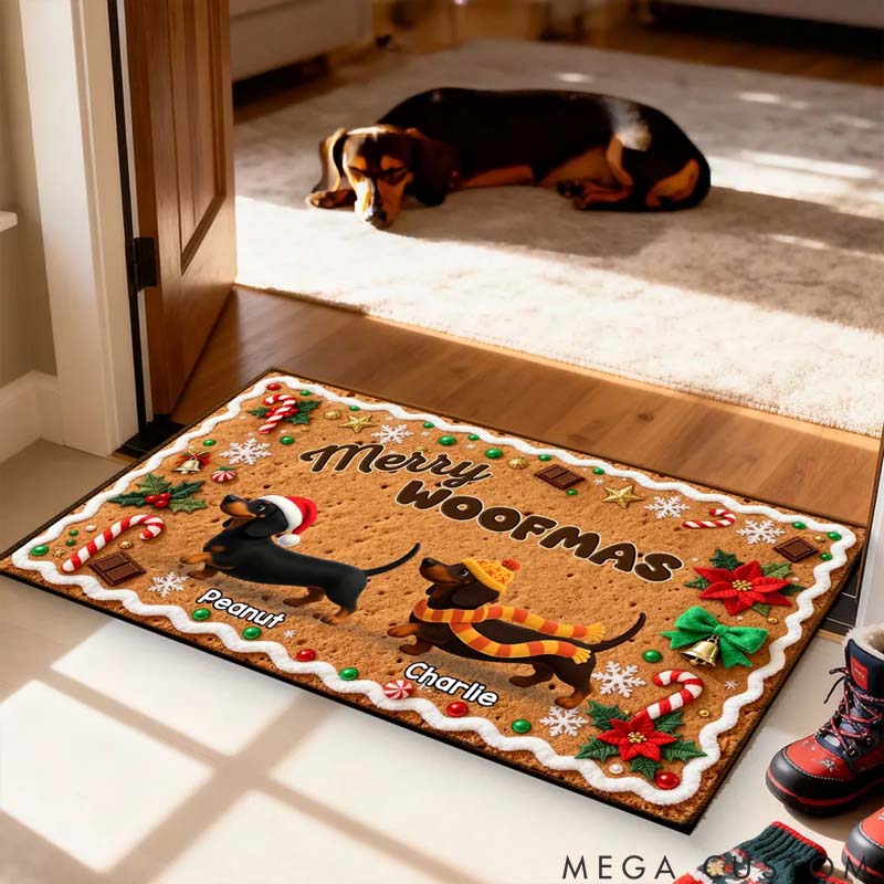 Personalized Dog Lover Christmas Happy Pawliday Dachshunds Walking Gingerbread Cookie Theme Doormat