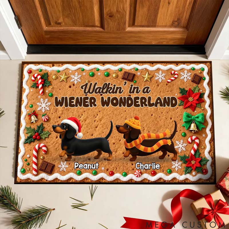 Personalized Dog Lover Christmas Happy Pawliday Dachshunds Walking Gingerbread Cookie Theme Doormat
