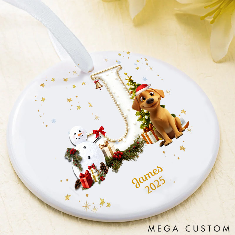 Personalized Dog Lover Christmas Tree Initial Round Ceramic Christmas Ornament with Name and Year Tree Decor Gift for Family Friends