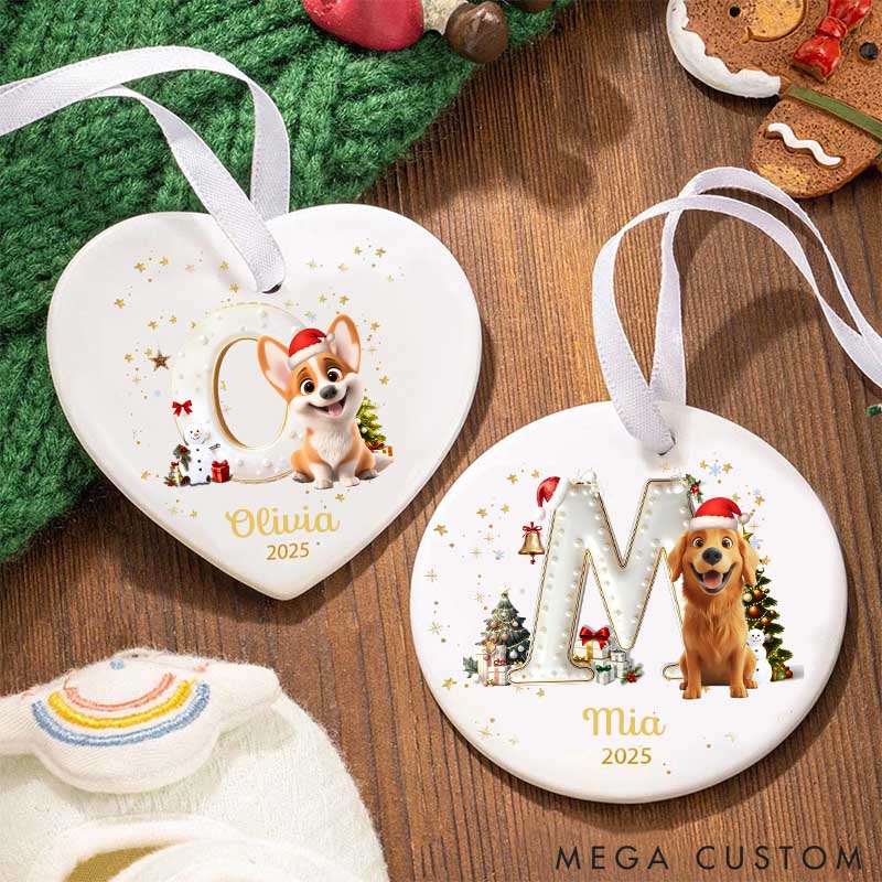 Personalized Dog Lover Christmas Tree Initial Round Ceramic Christmas Ornament with Name and Year Tree Decor Gift for Family Friends