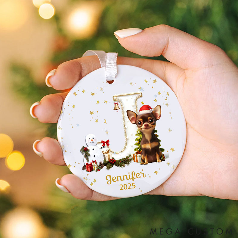 Personalized Dog Lover Christmas Tree Initial Round Ceramic Christmas Ornament with Name and Year Tree Decor Gift for Family Friends