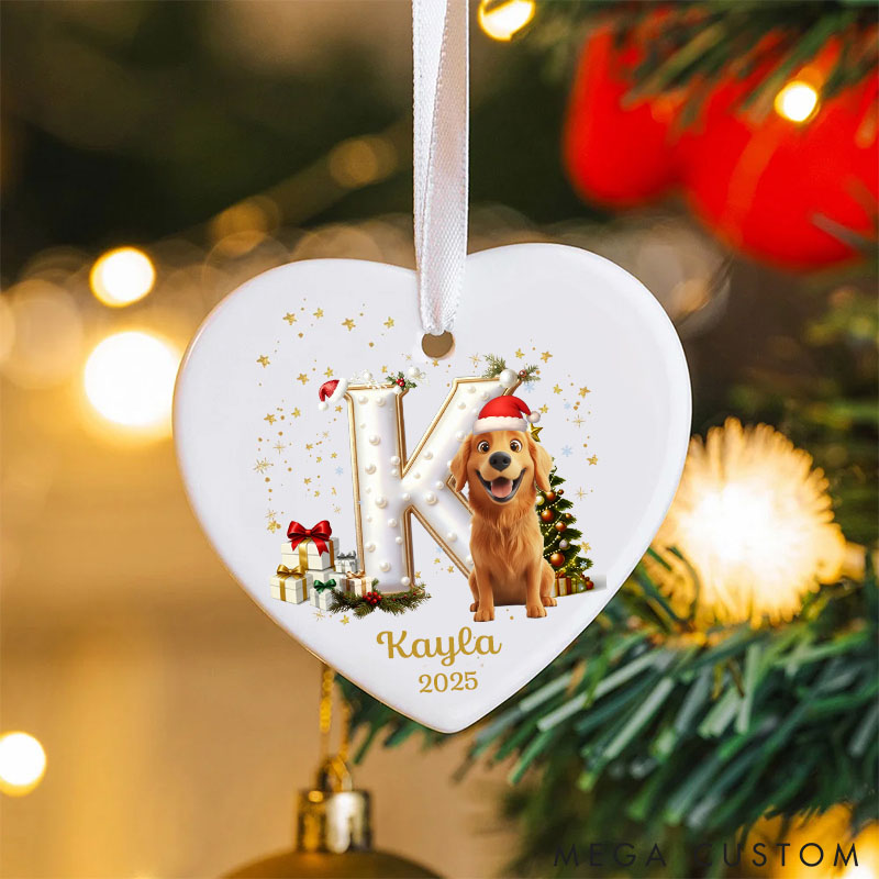 Personalized Dog Lover Christmas Tree Initial Round Ceramic Christmas Ornament with Name and Year Tree Decor Gift for Family Friends