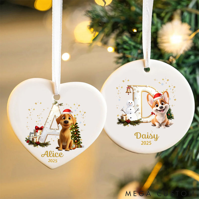Personalized Dog Lover Christmas Tree Initial Round Ceramic Christmas Ornament with Name and Year Tree Decor Gift for Family Friends