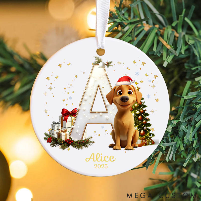 Personalized Dog Lover Christmas Tree Initial Round Ceramic Christmas Ornament with Name and Year Tree Decor Gift for Family Friends