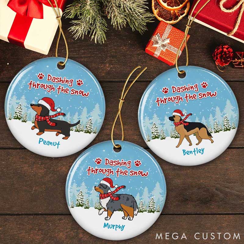 Personalized Dog Lover Dashing through the Snow Christmas Ornament