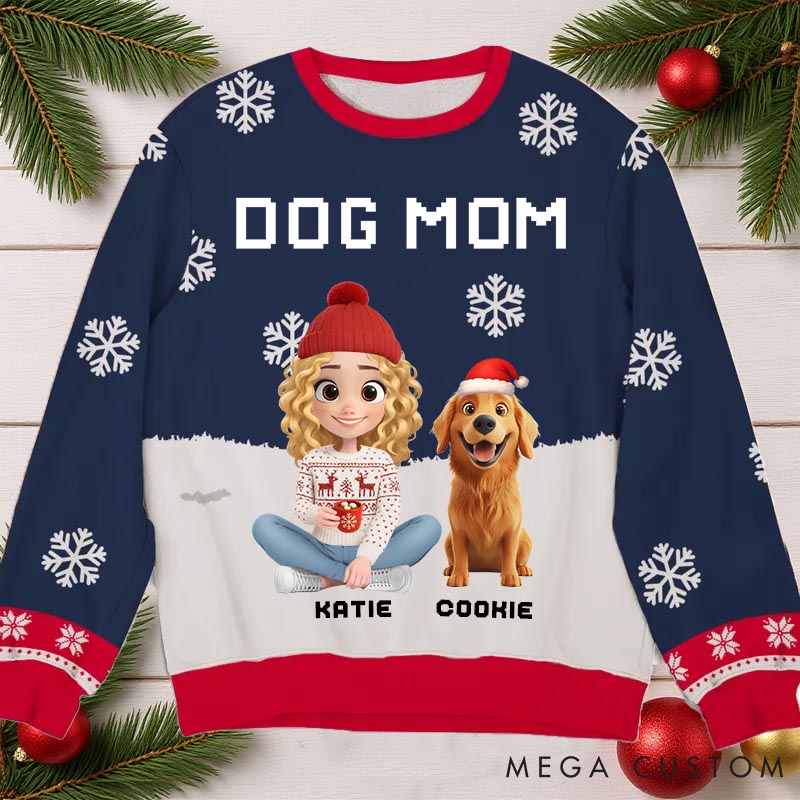 Personalized Dog Lover Dog Mom Winter Christmas Ugly Sweatshirt