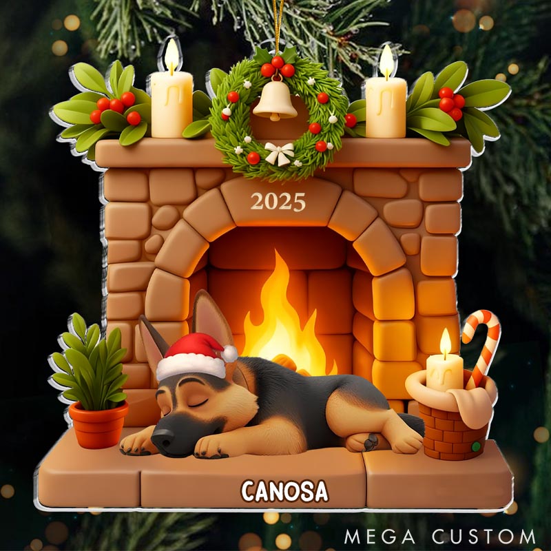 Personalized Dog Lover Dog Sleeping by the Fireplace Christmas Ornament