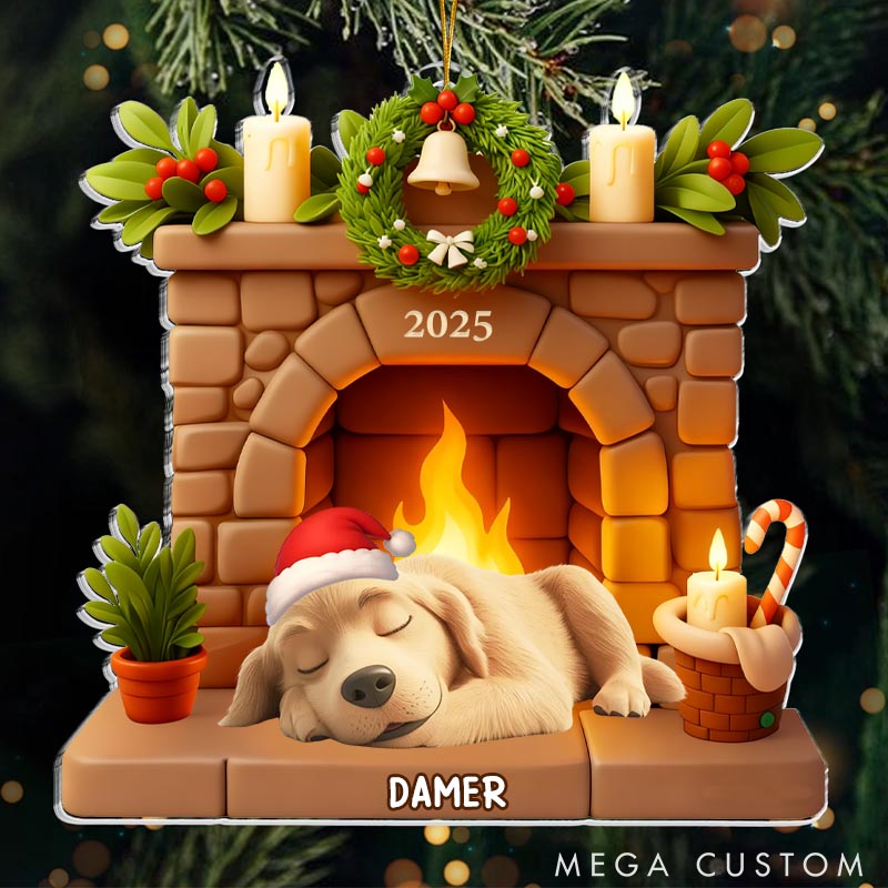 Personalized Dog Lover Dog Sleeping by the Fireplace Christmas Ornament
