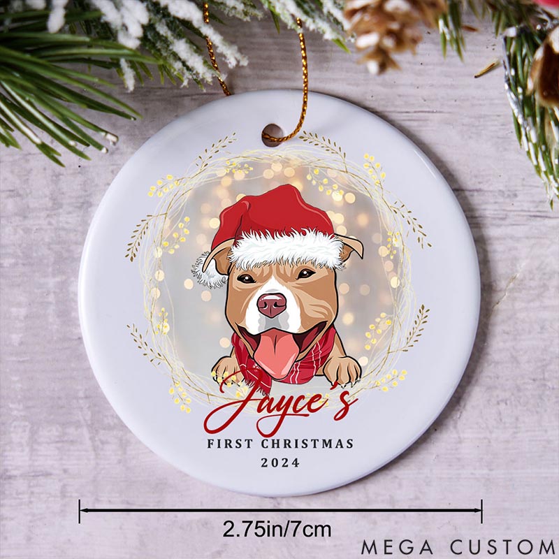 Personalized Dog Lover Dog and Wreath First Heart Christmas Ornament