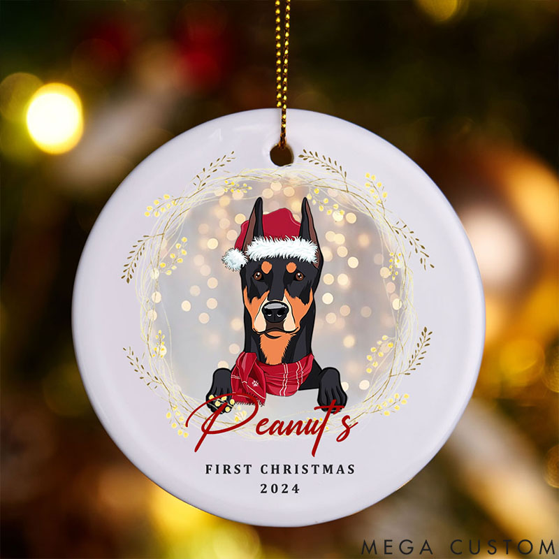 Personalized Dog Lover Dog and Wreath First Heart Christmas Ornament