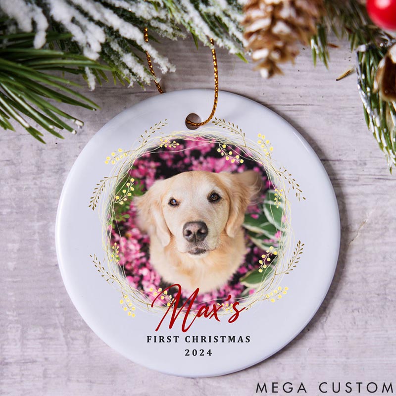 Personalized Dog Lover Dog and Wreath First Heart Christmas Ornament