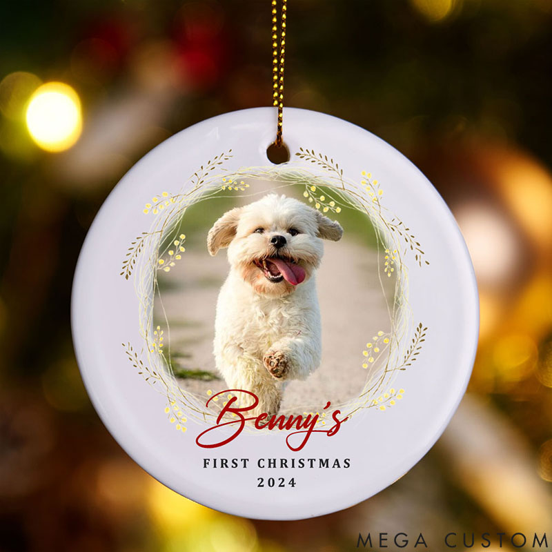Personalized Dog Lover Dog and Wreath First Heart Christmas Ornament