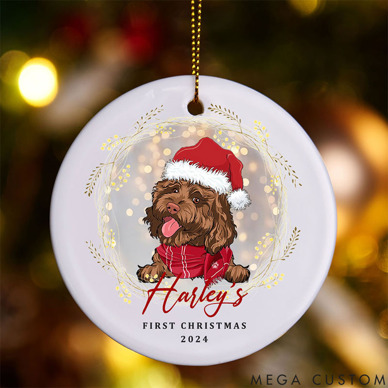 Personalized Dog Lover Dog and Wreath First Heart Christmas Ornament