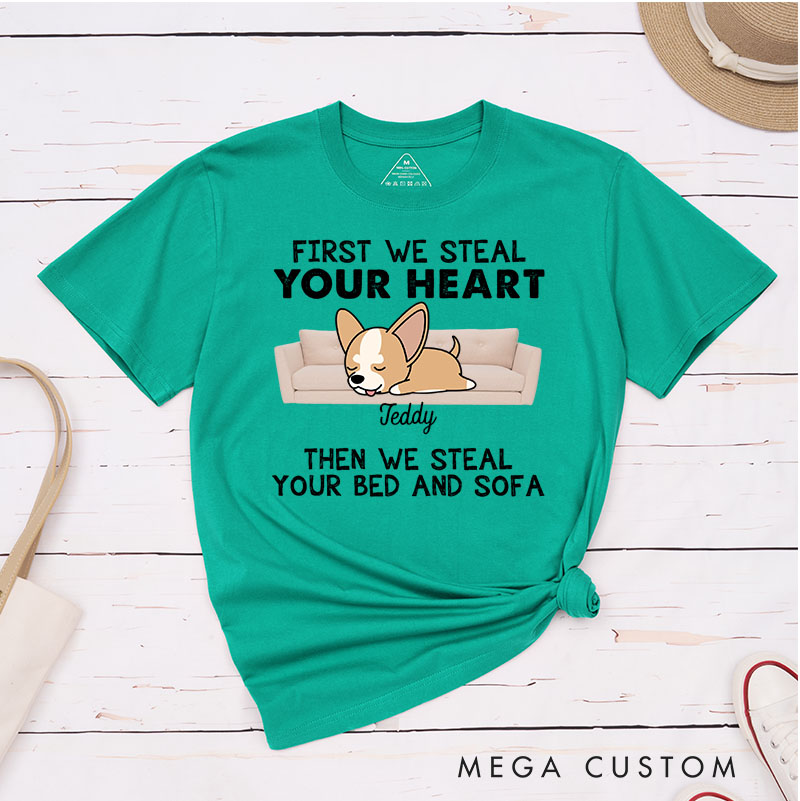 Personalized Dog Lover Dogs Steal Our Heart Then Our Bed And Sofa T-Shirt