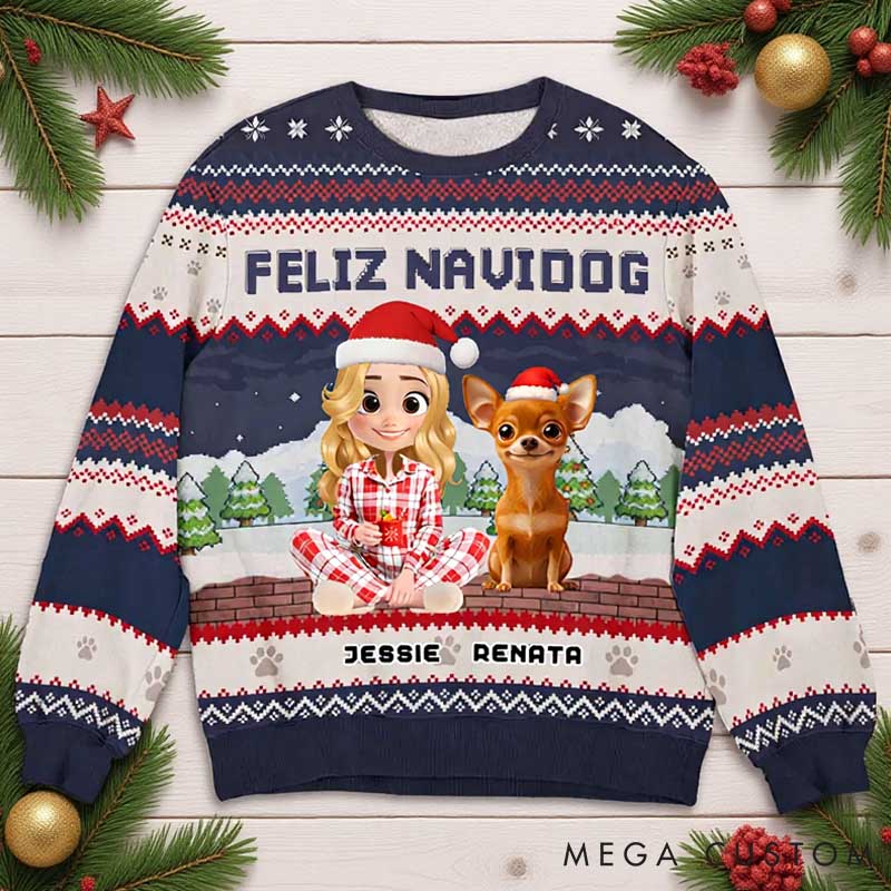 Personalized Dog Lover Feliz Navidog Christmas Ugly Sweatshirt
