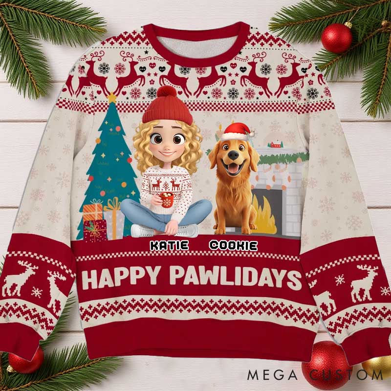 Personalized Dog Lover Happy Pawlidays to You Christmas Ugly Sweatshirt