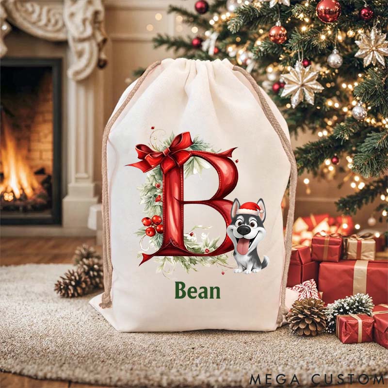 Personalized Dog Lover Holly Jingle Bell Cartoon Burlap Christmas Drawstring Gift Wrapping Bag with Name and Bow Initial Christmas Party Gift Christmas Sack