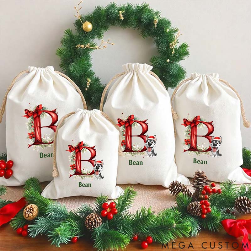 Personalized Dog Lover Holly Jingle Bell Cartoon Burlap Christmas Drawstring Gift Wrapping Bag with Name and Bow Initial Christmas Party Gift Christmas Sack