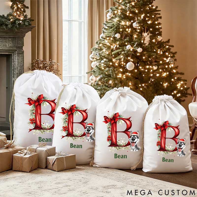 Personalized Dog Lover Holly Jingle Bell Cartoon Burlap Christmas Drawstring Gift Wrapping Bag with Name and Bow Initial Christmas Party Gift Christmas Sack