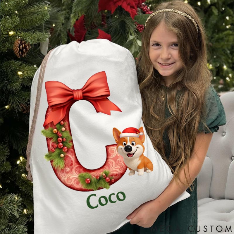 Personalized Dog Lover Holly Jingle Bell Cartoon Burlap Christmas Drawstring Gift Wrapping Bag with Name and Bow Initial Christmas Party Gift Christmas Sack