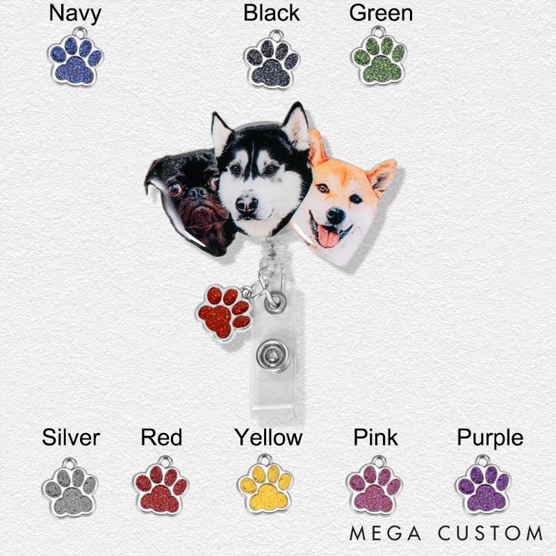 Personalized Dog Lover Painting Style Pet Portrait Badge Reel with Glitter Paw Print Charm