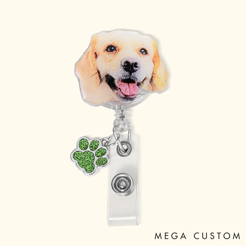 Personalized Dog Lover Painting Style Pet Portrait Badge Reel with Glitter Paw Print Charm
