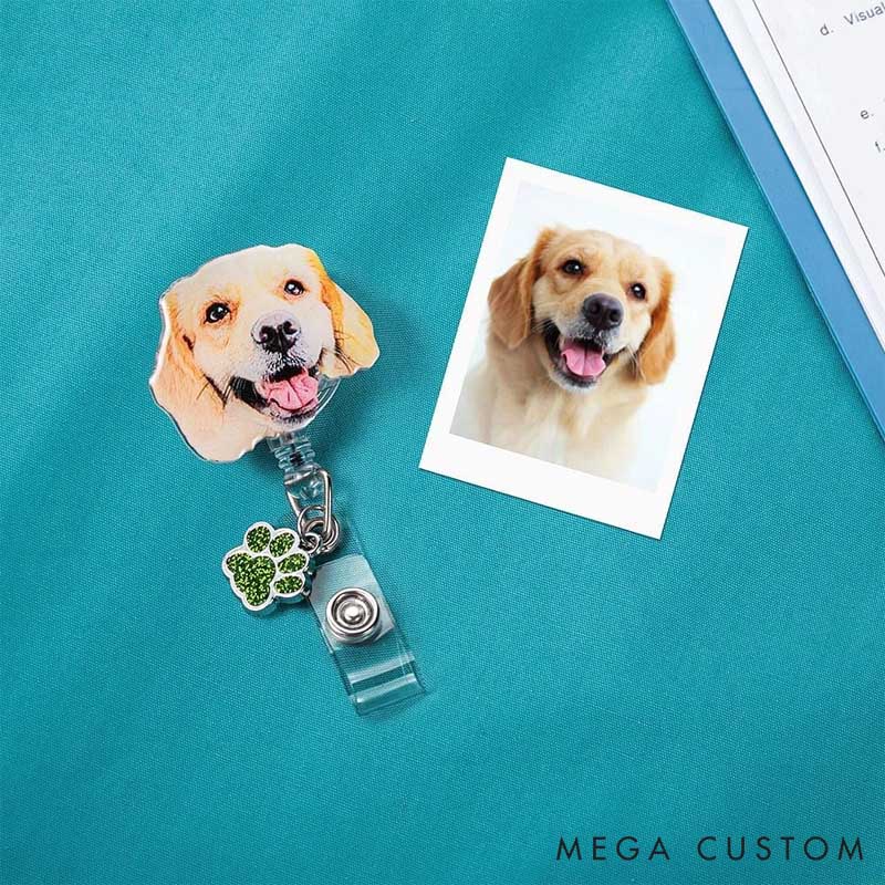 Personalized Dog Lover Painting Style Pet Portrait Badge Reel with Glitter Paw Print Charm