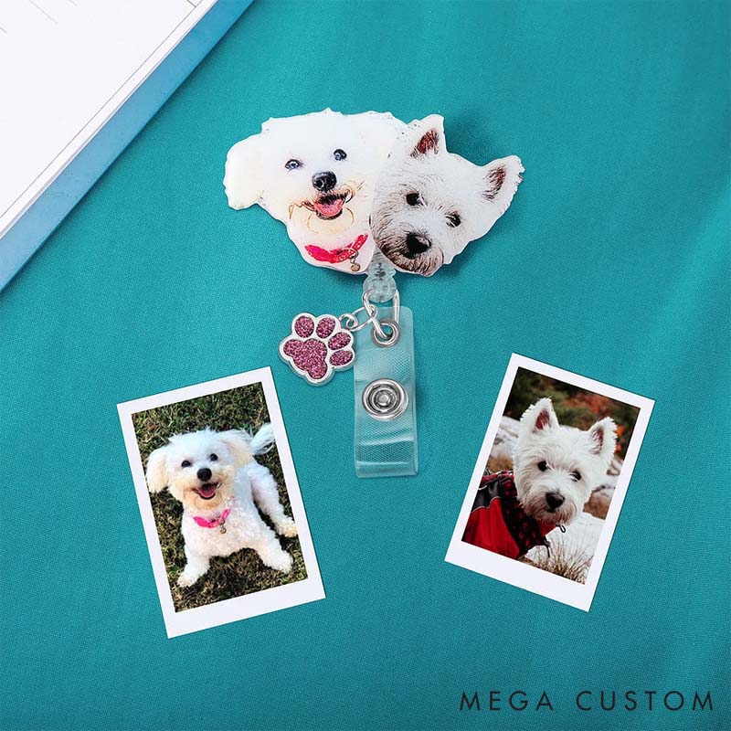 Personalized Dog Lover Painting Style Pet Portrait Badge Reel with Glitter Paw Print Charm