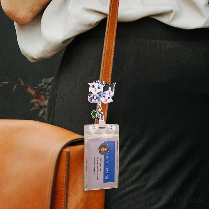 Personalized Dog Lover Painting Style Pet Portrait Badge Reel with Glitter Paw Print Charm