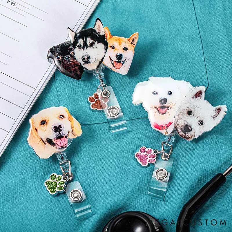Personalized Dog Lover Painting Style Pet Portrait Badge Reel with Glitter Paw Print Charm