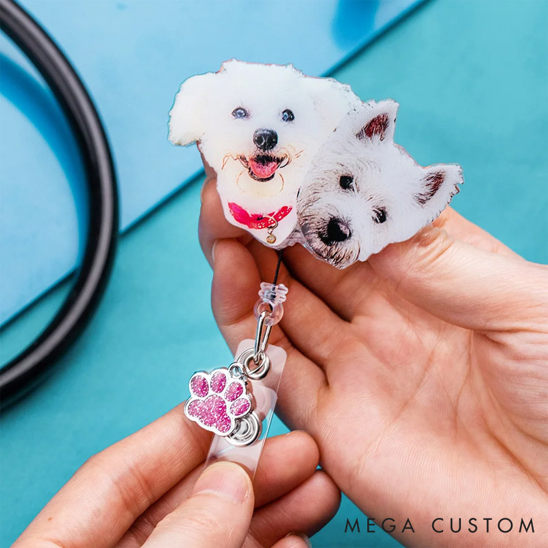 Personalized Dog Lover Painting Style Pet Portrait Badge Reel with Glitter Paw Print Charm