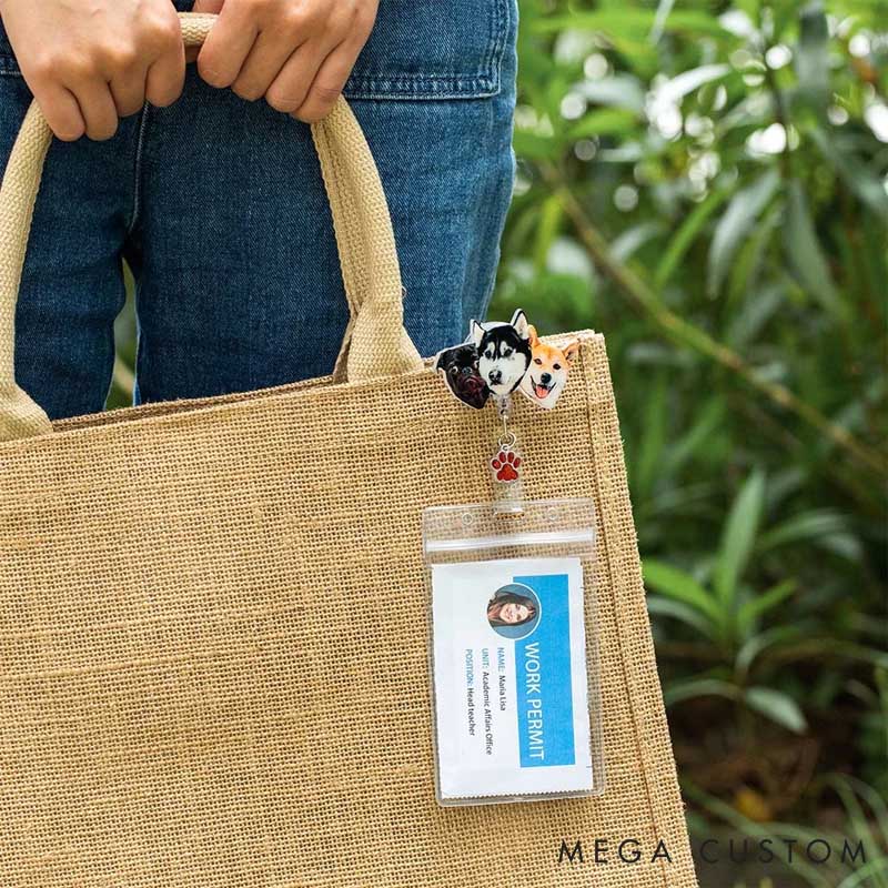 Personalized Dog Lover Painting Style Pet Portrait Badge Reel with Glitter Paw Print Charm