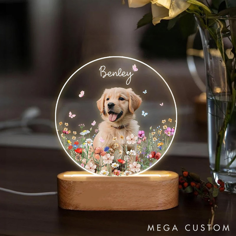 Personalized Dog Lover Pet Portrait Flower Night Light