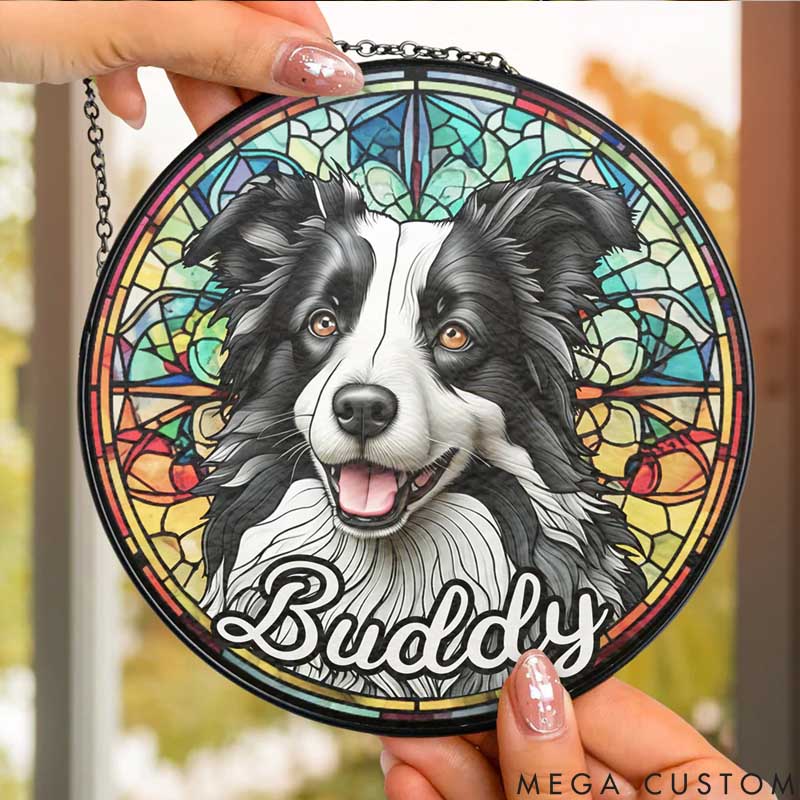 Personalized Dog Lover Portrait From Dog Photo Leaf and Vine Motif Sun Catcher