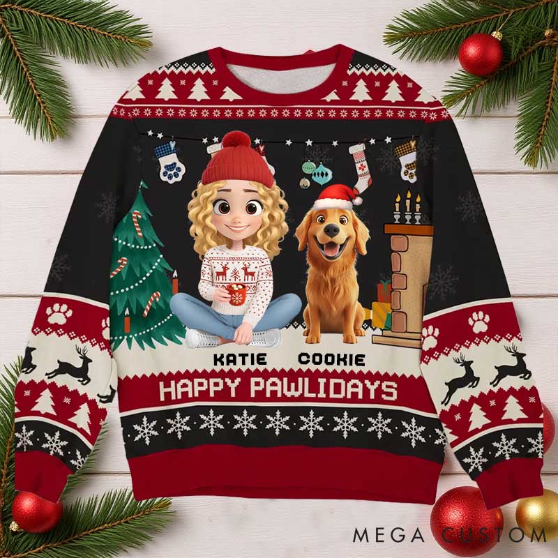 Personalized Dog Lover Snowy Pawlidays Christmas Ugly Sweatshirt