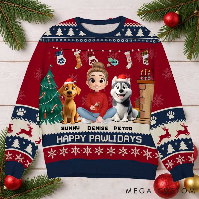 Personalized Dog Lover Snowy Pawlidays Christmas Ugly Sweatshirt