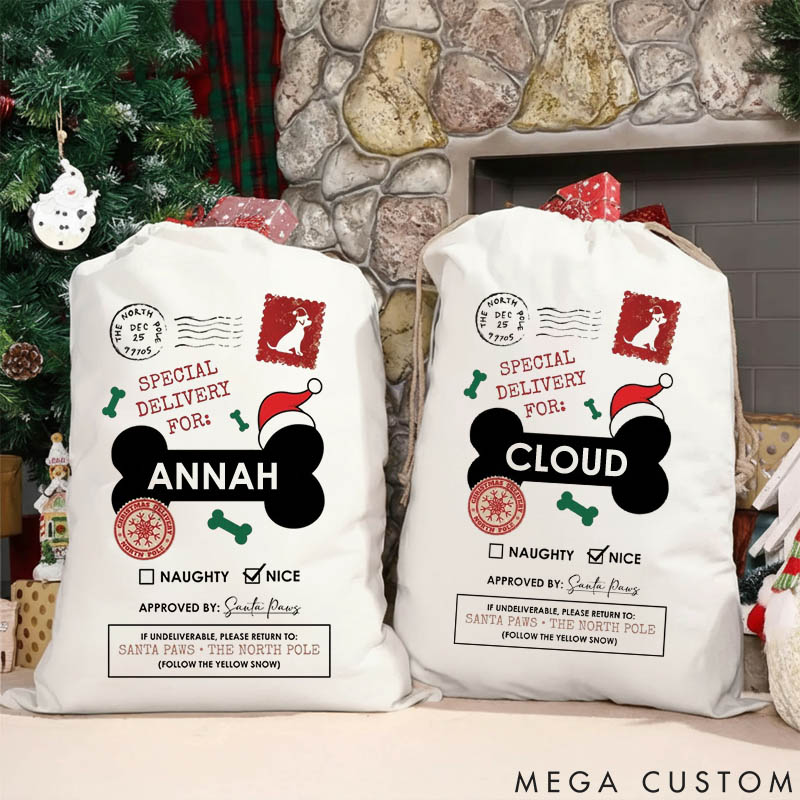 Personalized Dog Lover Special Delivery for Dog Name Santa Sack Funny Paw Parent Christmas Sack