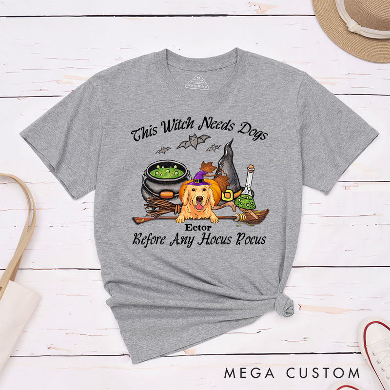 Personalized Dog Lover This Witch Needs Coffee Before Any Hocus Bat Focus T-Shirt